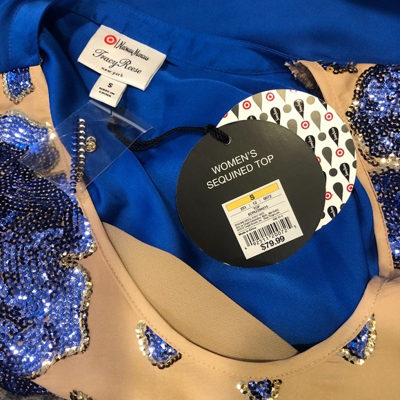 TRACY REESE NEIMAN MARCUS FOR TARGET BEIGE & ROYAL BLUE SEQUIN TOP - Picture 13 of 16